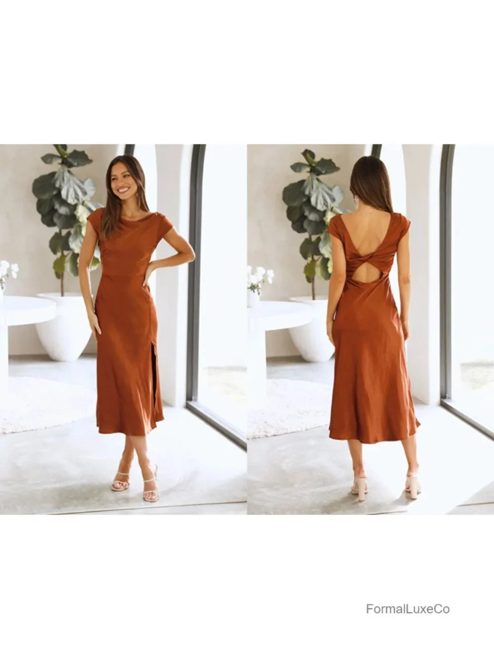 Satin Midi Dress Twist Back Cutout Formal Wedding Guest Cocktail Cap Sleeve